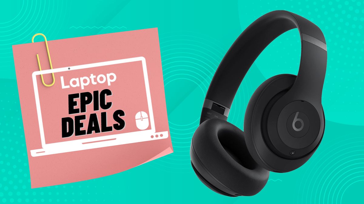 The Beats Studio Pro headphones in front of an abstract green background with a Laptop deals icon