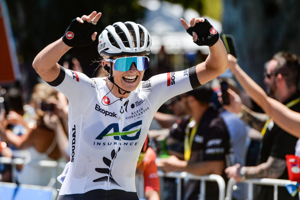 AG Insurance-Soudal Team rider Ally Wollaston of New Zealand reacts as she crosses the finish line to win the first stage of the Tour Down cycling race in Adelaide on January 12, 2024. (Photo by Brenton EDWARDS / AFP) / -- IMAGE RESTRICTED TO EDITORIAL USE - STRICTLY NO COMMERCIAL USE --