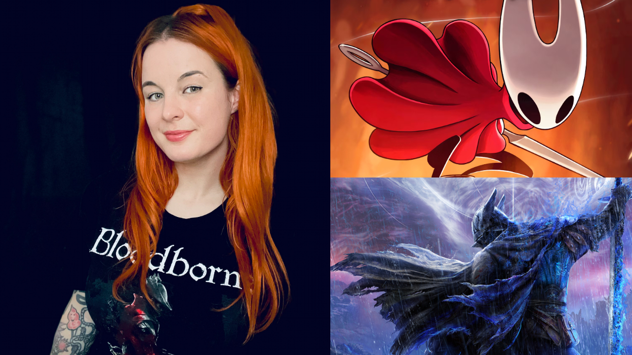 Serena smiling next to the covers for Elden Ring and Hollow Knight