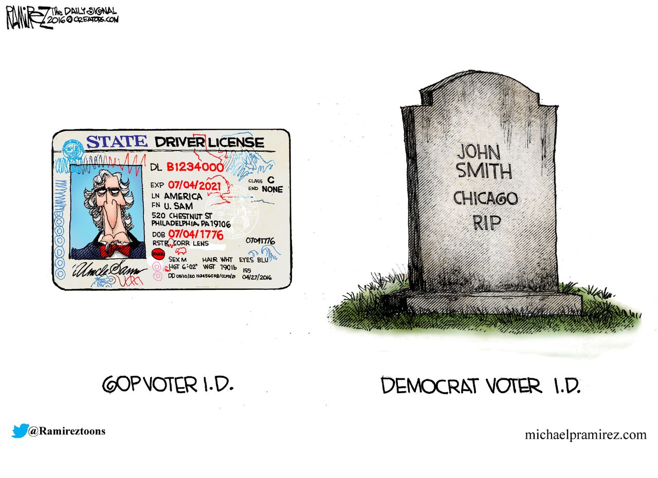 Political cartoon U.S. 2016 election Voter ID fraud