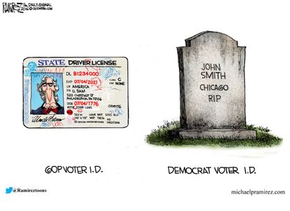 Political cartoon U.S. 2016 election Voter ID fraud