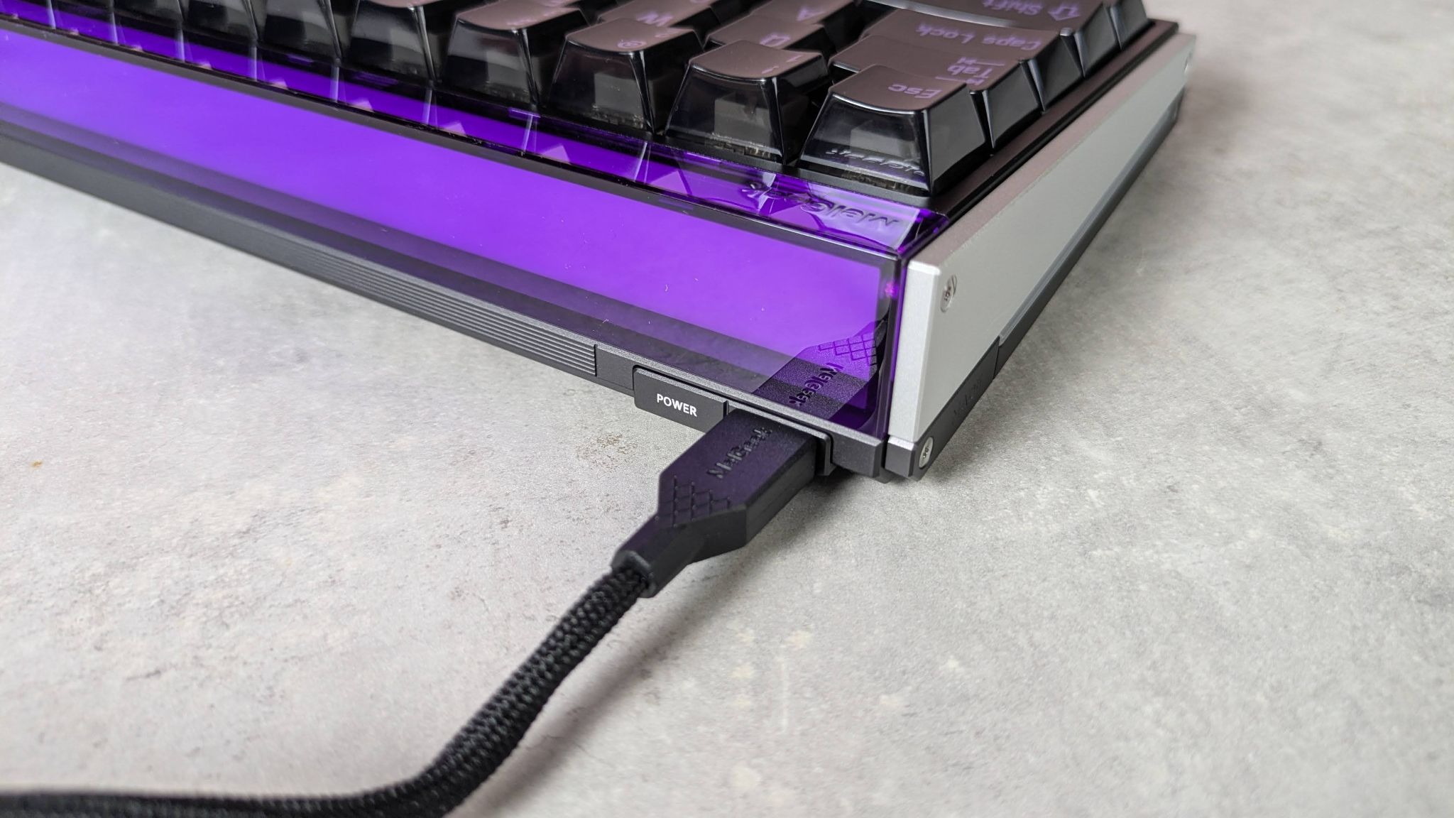 Close-up of USB cable in MelGeek Made68 Ultra V2, on desk
