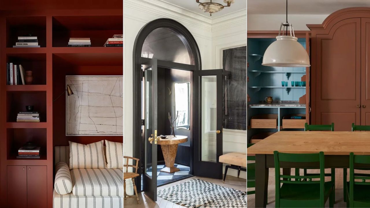 Red bookshelves, seat, entryway with black doorframe, red kitchen pantry