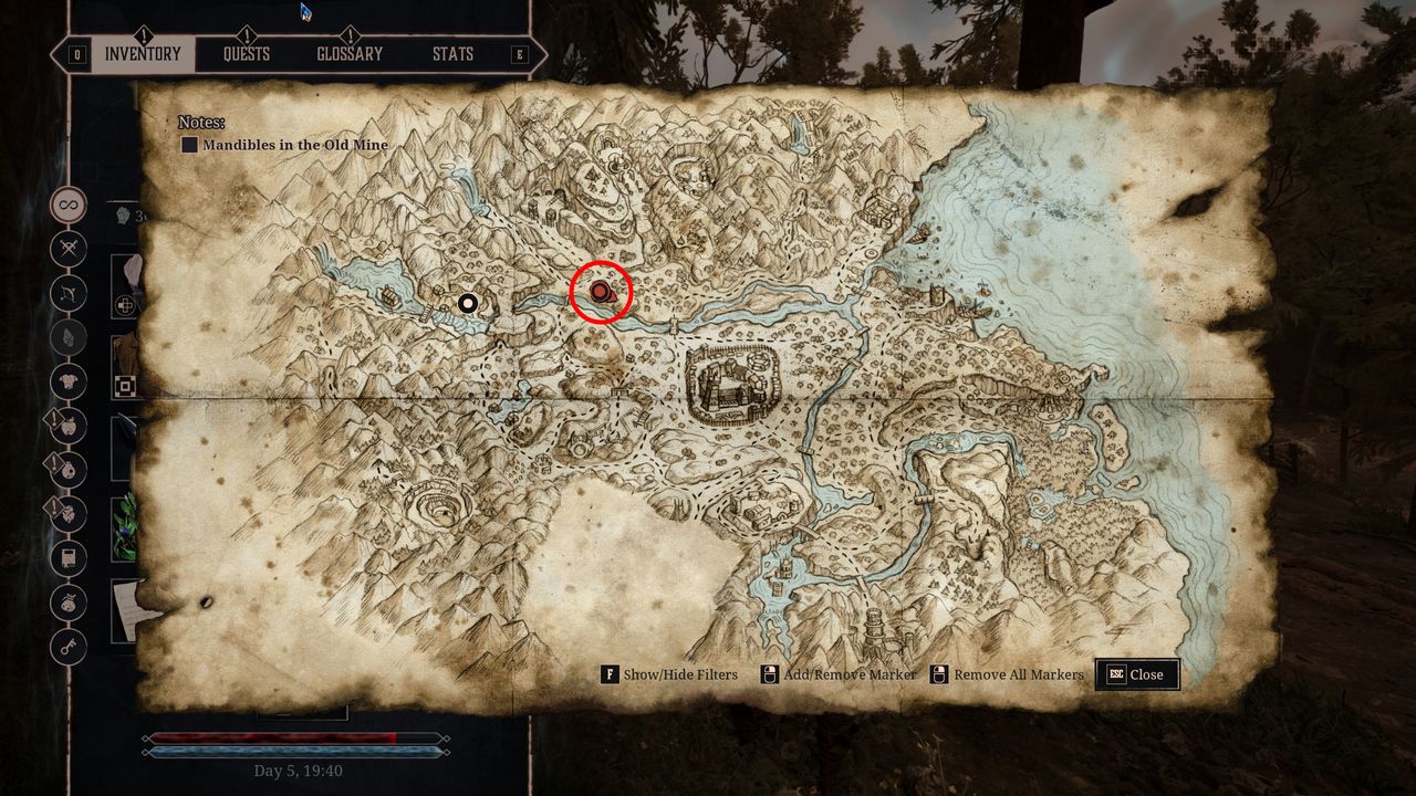 Gothic Remake New Camp: A map with a red circle showing the location of The Raid quest objective.