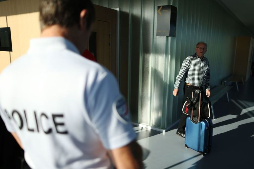 French physiotherapist Bernard Sainz arrives with a suitcase at the courthouse on July 4, 2017 in Caen, nortwestern France, to attend his trial on a doping case in the cycling world, involving 11 people. / AFP PHOTO / CHARLY TRIBALLEAU (Photo credit should read CHARLY TRIBALLEAU/AFP via Getty Images)