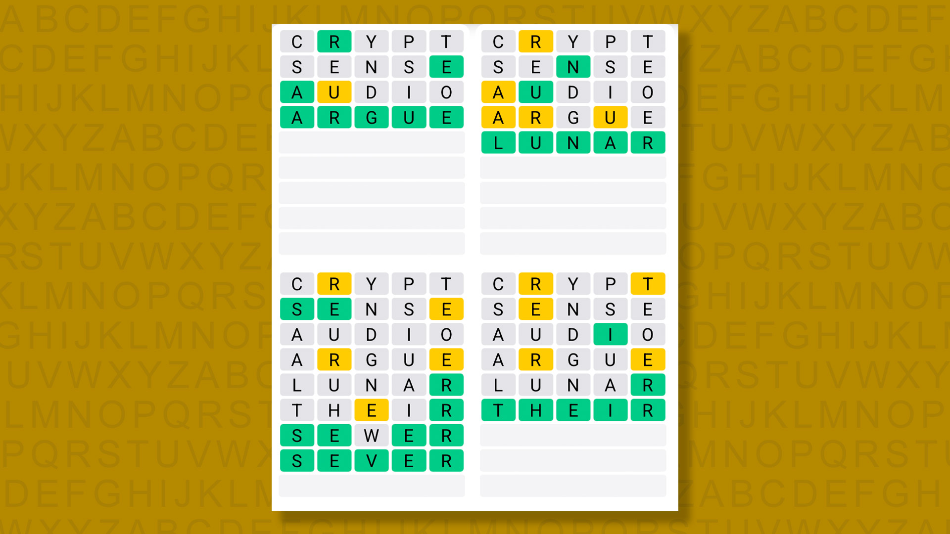 Quordle answers for game 1554 on a yellow background