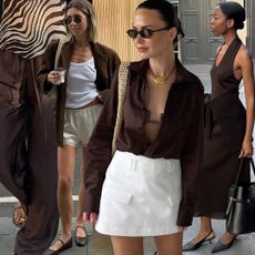 fashion collage of style influencers wearing chic spring and summer outfits for 2026 with trendy brown pieces