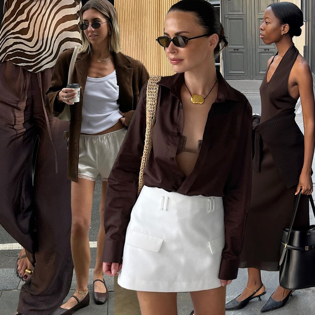 fashion collage of style influencers wearing chic spring and summer outfits for 2026 with trendy brown pieces