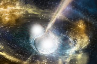 An artist's illustration of two neutron stars merging. This type of stellar collision created heavy elements in the early universe.