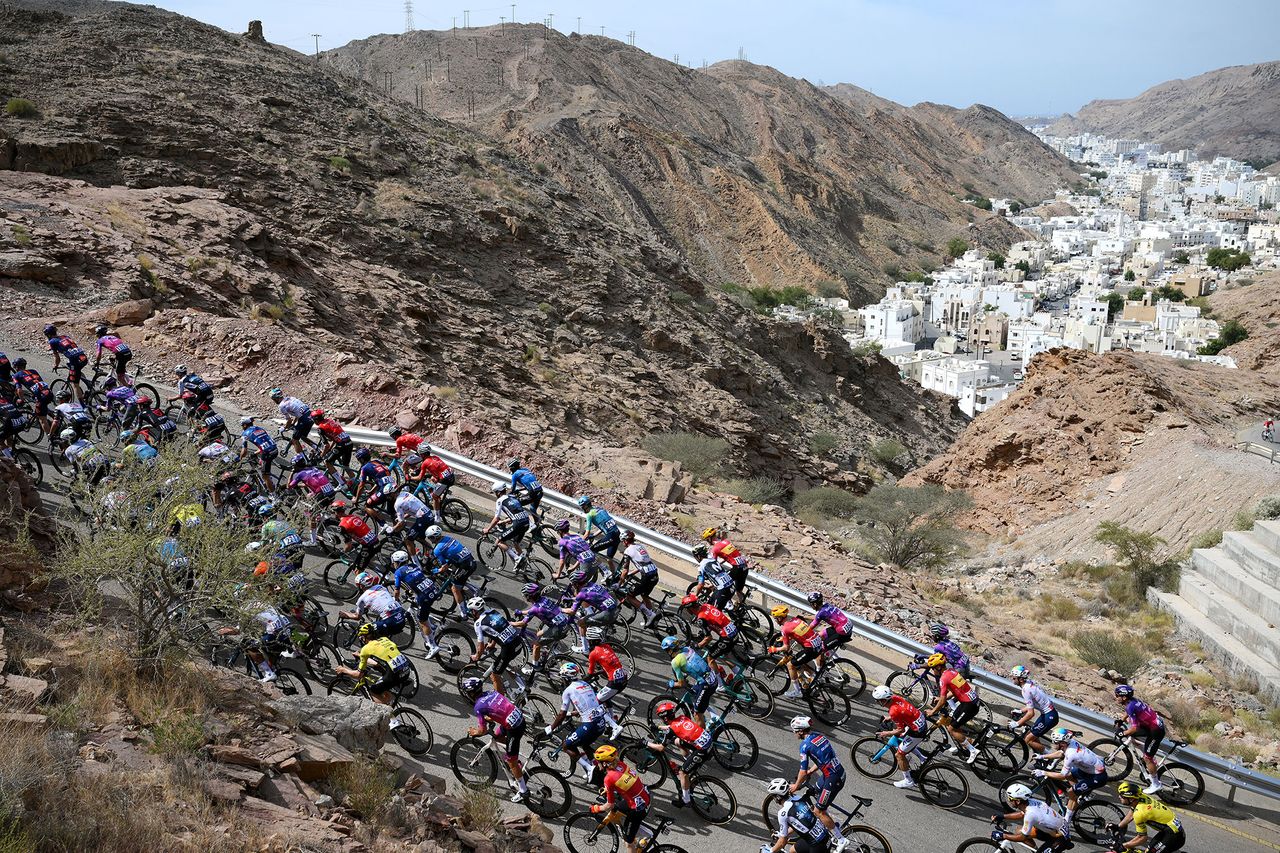 The peloton during the 2025 Muscat Classic