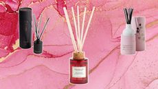 Thrre of the best Christmas reed diffusers on a marble red and gold festive background