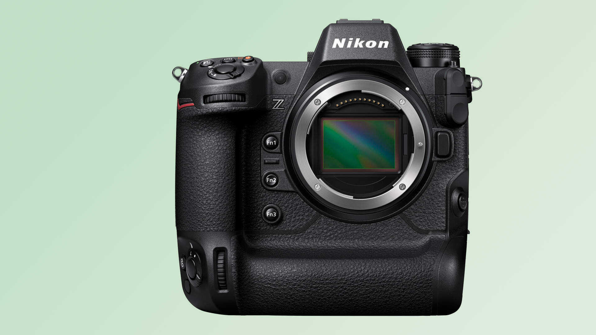 Product shot of the Nikon Z9 camera straight on from the front with full-frame sensor exposed