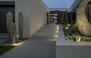 A front yard path with lighting