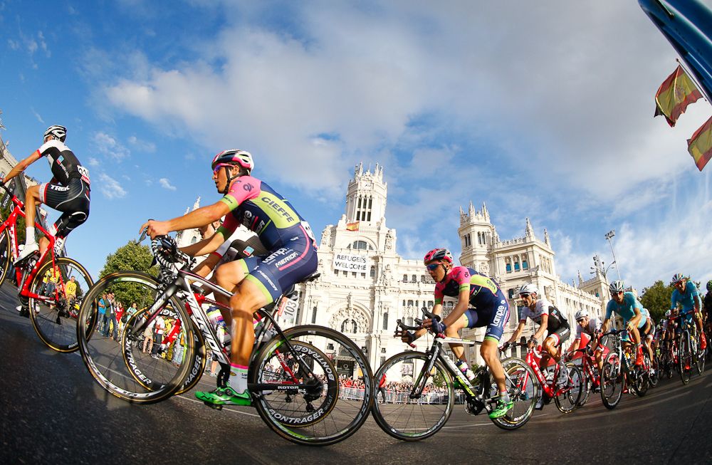 The peloton in action in Madrid during the Vuelta's final stage.