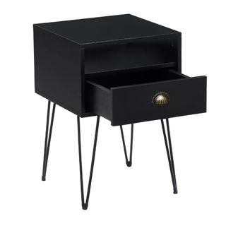 Black bedside table with drawer open from Wayfair