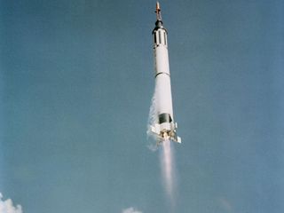 In this view, the Mercury-Redstone 3 (MR-3) spacecraft carrying Alan Shepard in Freedom 7 is already headed towards its suborbital maneuver, shortly after lifting off from Cape Canaveral in Florida. 