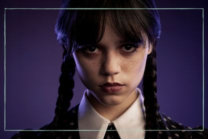 A close up of Jenna Ortega portraying Wednesday Addams with a dark purple background