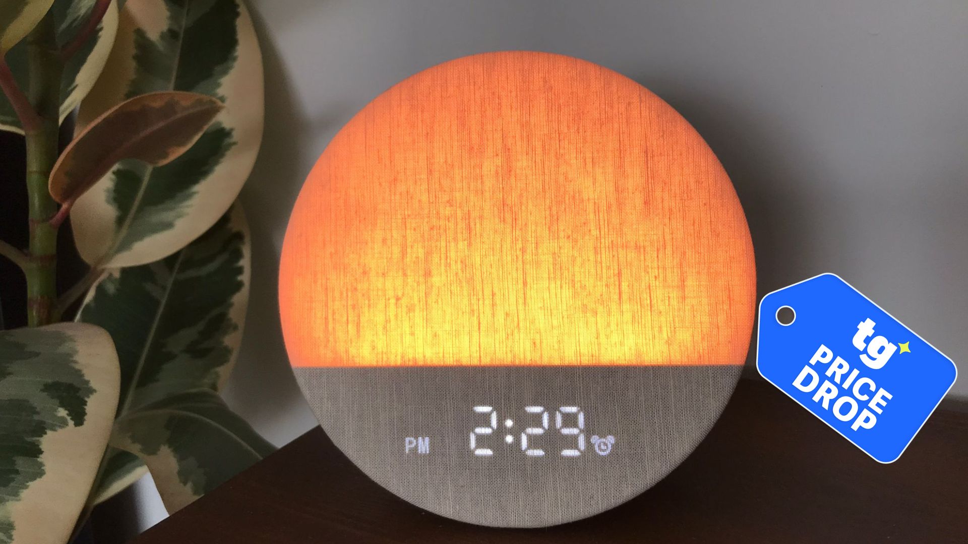 The image shows an round alarm clock on a nightstand next to a green plant, emitting an orange light