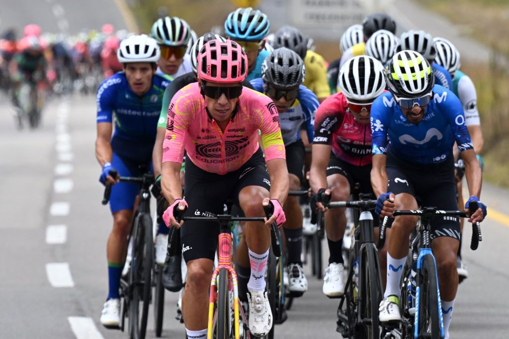 Colombia's cyclist Rigoberto Uran (C) competes during the second stage of the Tour Colombia UCI 2024 from Paipa to Santa Rosa de Viterbo, Colombia, on February 7, 2024. (Photo by Luis ACOSTA / AFP)