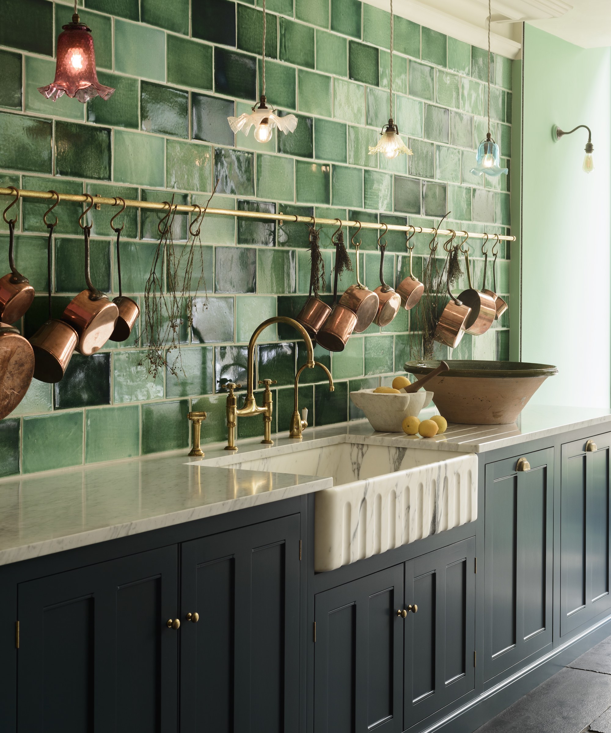 green kitchen with green tile backsplash