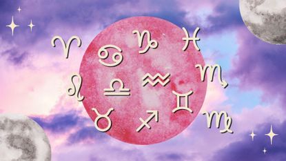 The zodiac signs and the full moon against a cloudy sky