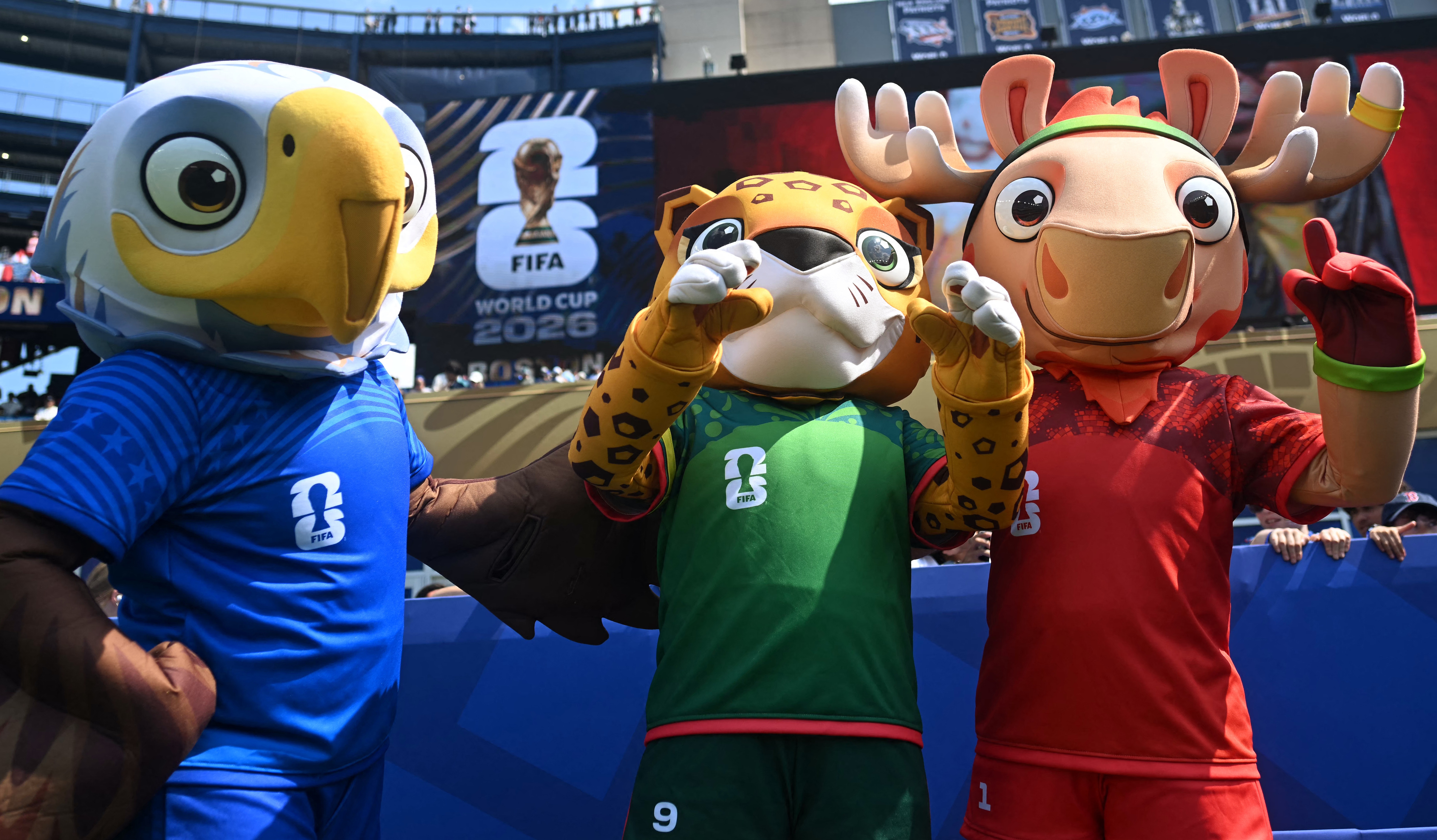 Mascots Clutch the Bald Eagle (US), Zayu the Jaguar (Mexico), and Maple the Moose (Canada) ahead of the 2026 World Cup last 32 match between Germany and Paraguay at the Boston Stadium on June 29, 2026