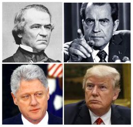 Photo composite of Andrew Johnson, Richard Nixon, Bill Clinton, and Donald Trump