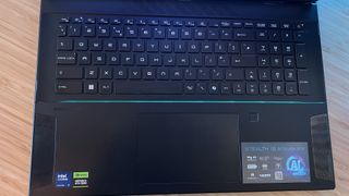 Top down view of MSI Stealth 18 AI Studio keyboard and trackpad