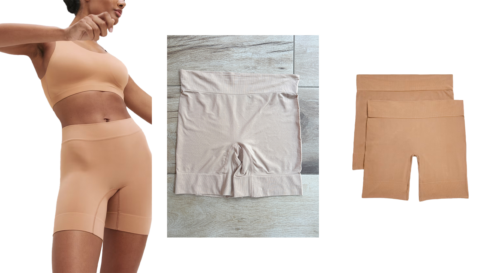composite image of a model wearing anti-chafe shorts from M&S and cut out imagery