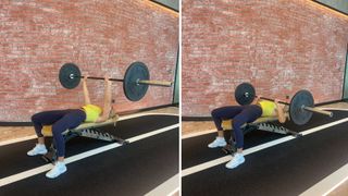 Trainer Sarah Lindsay demonstrates two positions of the barbell bench press