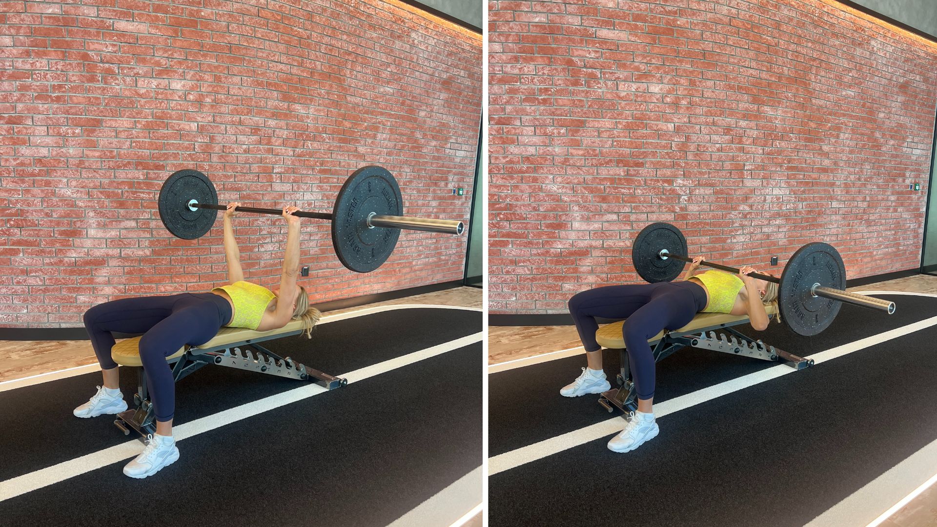 Trainer Sarah Lindsay demonstrates two positions of the barbell bench press
