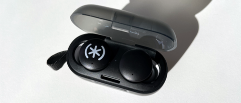 The Speck Gemtones Play earbuds are shown sitting in their charging case sitting on a white table top