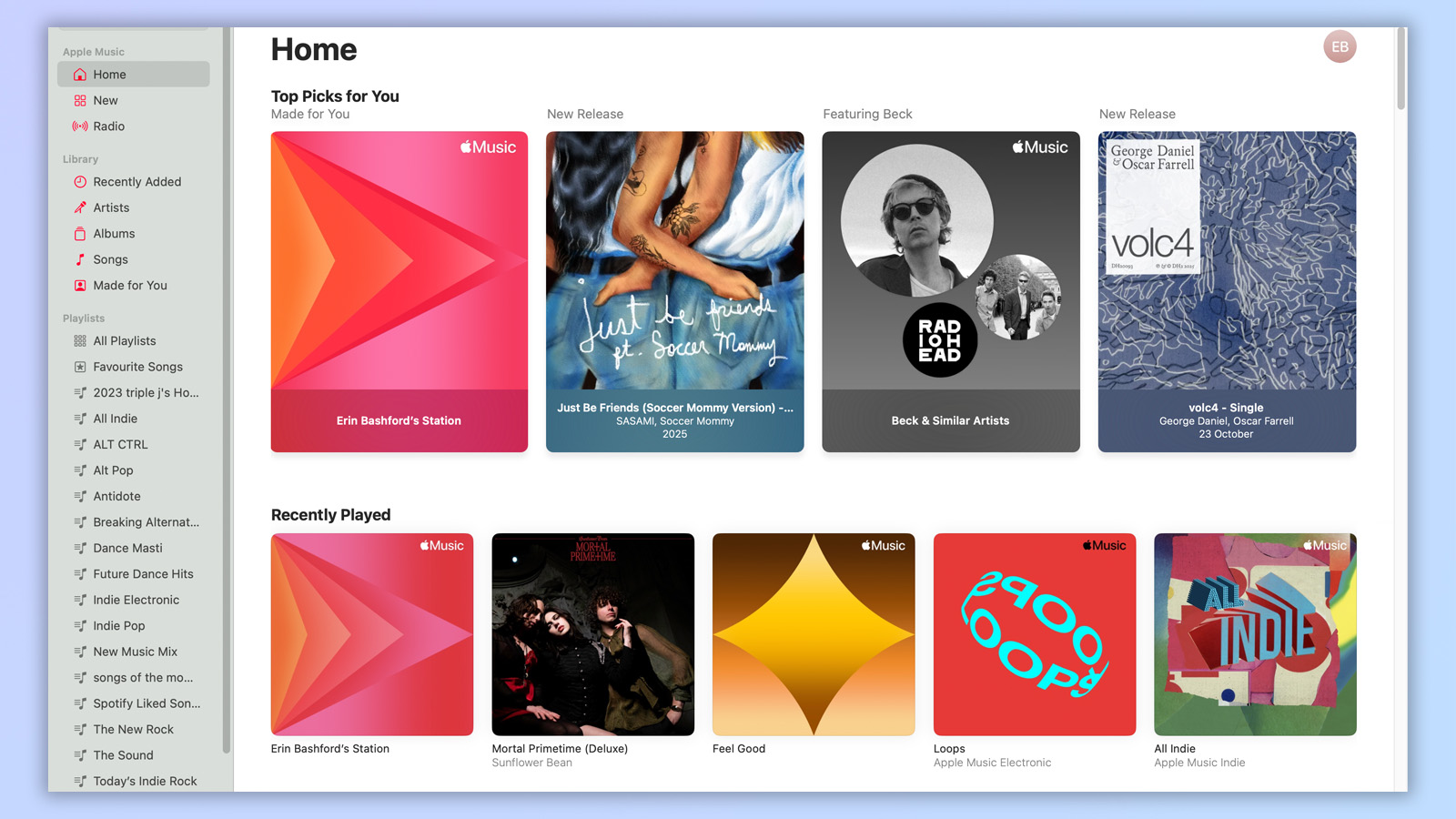 the author's apple music homepage showing her music discovery section, new releases, and playlists