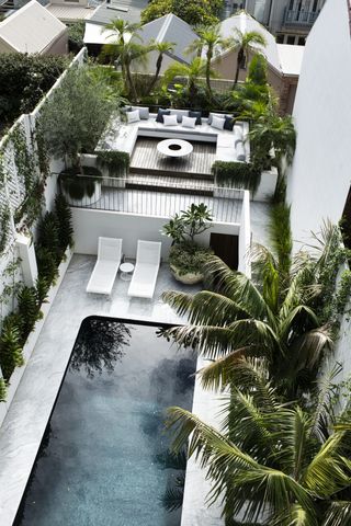 A bird's eye view of a swimming pool