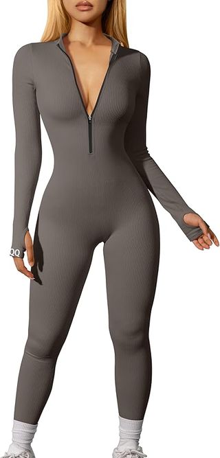 OQQ, Ribbed Long Sleeve Zip Front Sport Jumpsuits