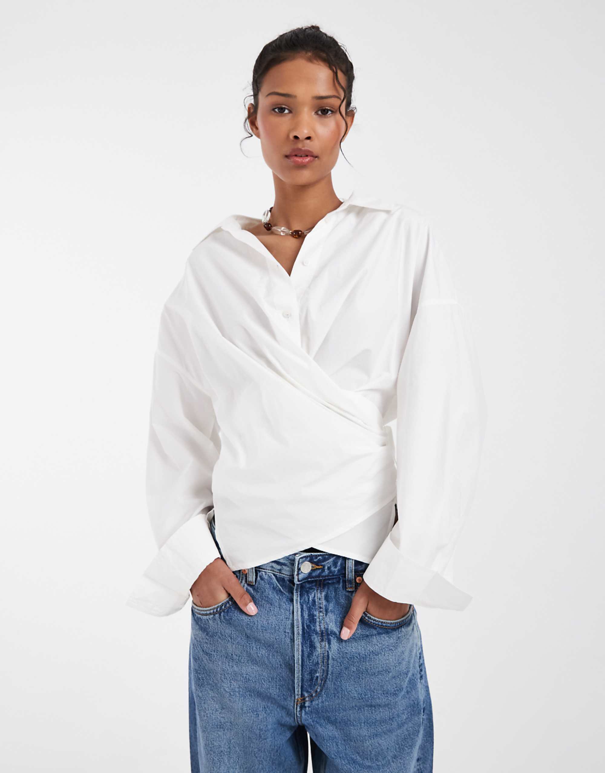 &amp;amp; Other Stories Rich Cotton Front Tie Ruched Wrap Shirt in White