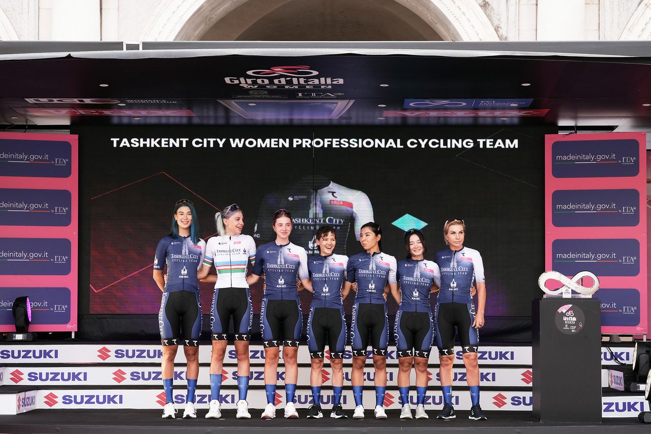 Tashkent City Women on stage at the 2024 Giro d'Italia Women at the teams presentation at the Piazza della Loggia in Brescia