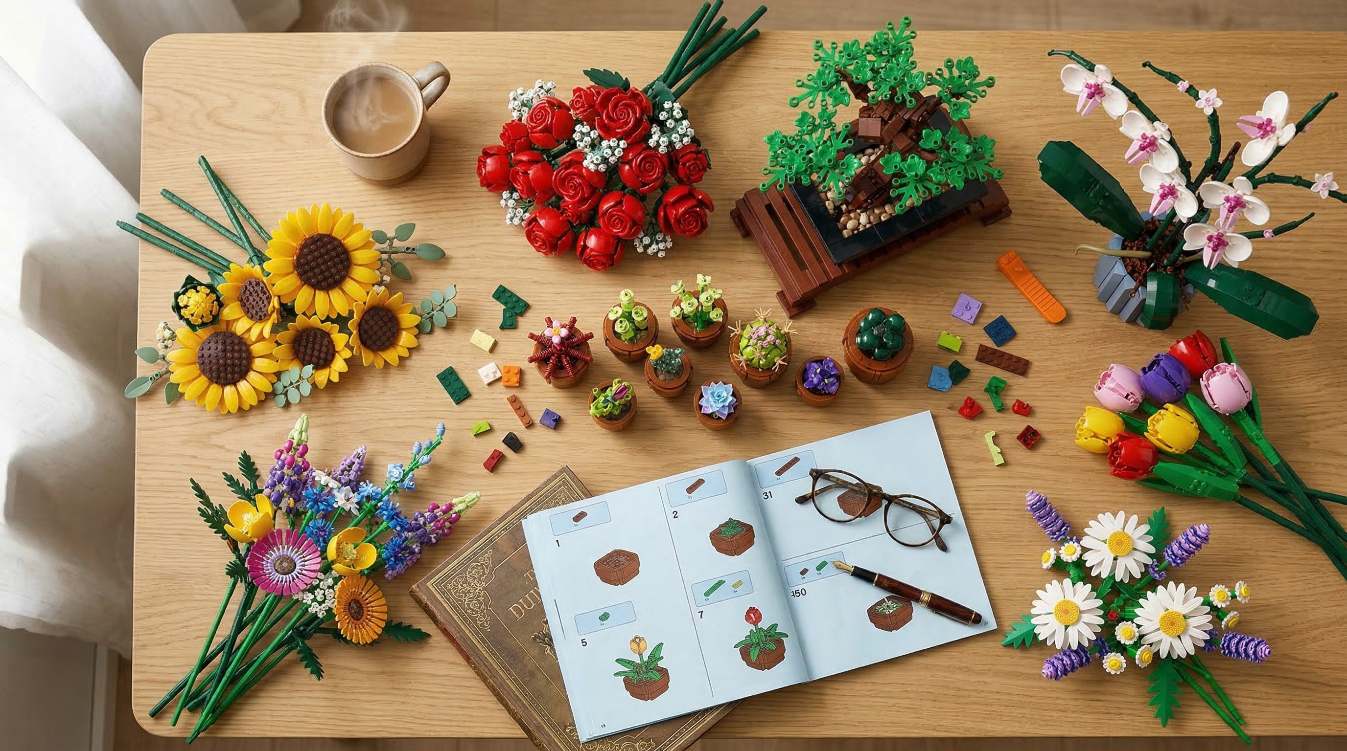 Lego flowers on a table with an instruction booklet