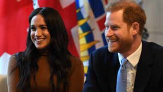 Prince Harry, Duke of Sussex and Meghan, Duchess of Sussex smile during their visit to Canada House in thanks for the warm Canadian hospitality and support they received during their recent stay in Canada, on January 7, 2020 in London, England.