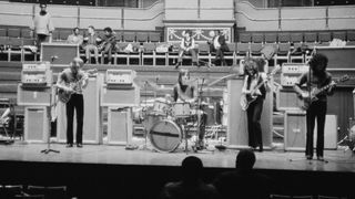 Fleetwood Mac on stage at the Royal Albert Hall, London on 22nd April 1969. Left to right: Jeremy Spencer on keyboards, Danny Kirwan, Mick Fleetwood, John McVie and Peter Green.