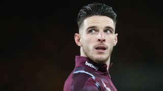 Arsenal-linked West Ham United captain Declan Rice looks on during the warm-up prior to the FA Cup third round match between Brentford and West Ham United on 7 January, 2023 at the Gtech Community Stadium in London, United Kingdom.