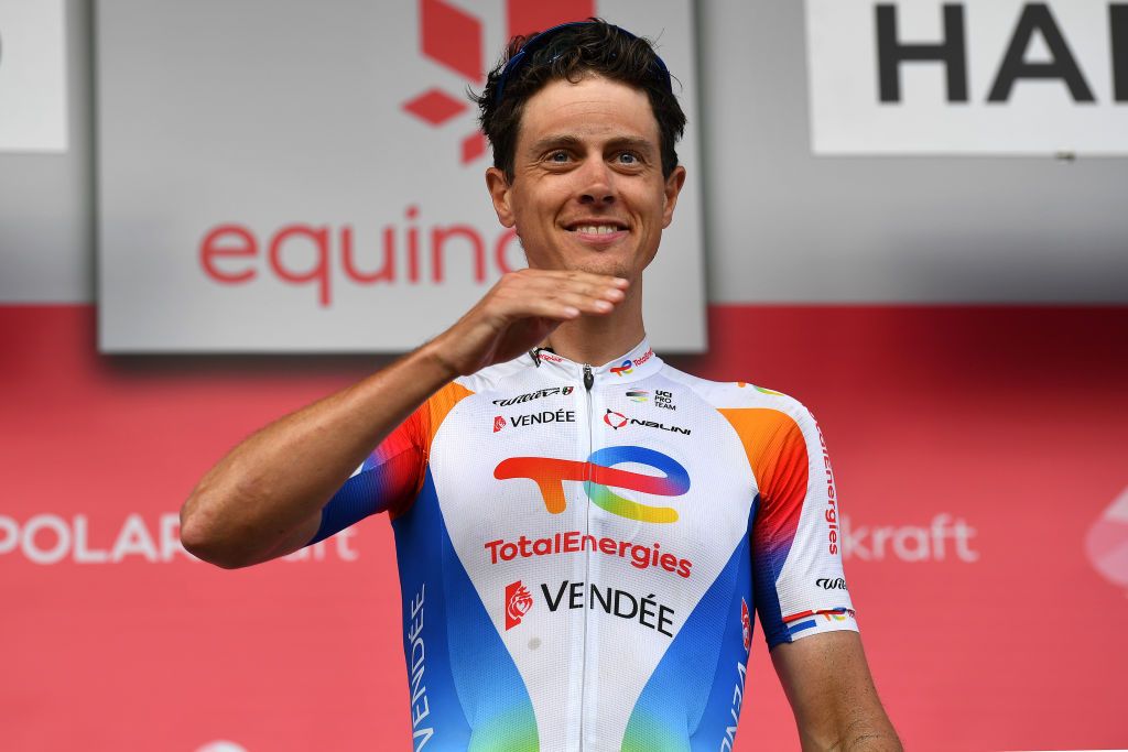 HARSTAD NORWAY AUGUST 08 Niki Terpstra of Netherlands and Team Total Direct Energie Most Combative Rider celebrates at podium during the 8th Arctic Race Of Norway 2021 Stage 4 a 1635km stage from Gratangen to Harstad 54m ArcticRace on August 08 2021 in Harstad Norway Photo by Stuart FranklinGetty Images
