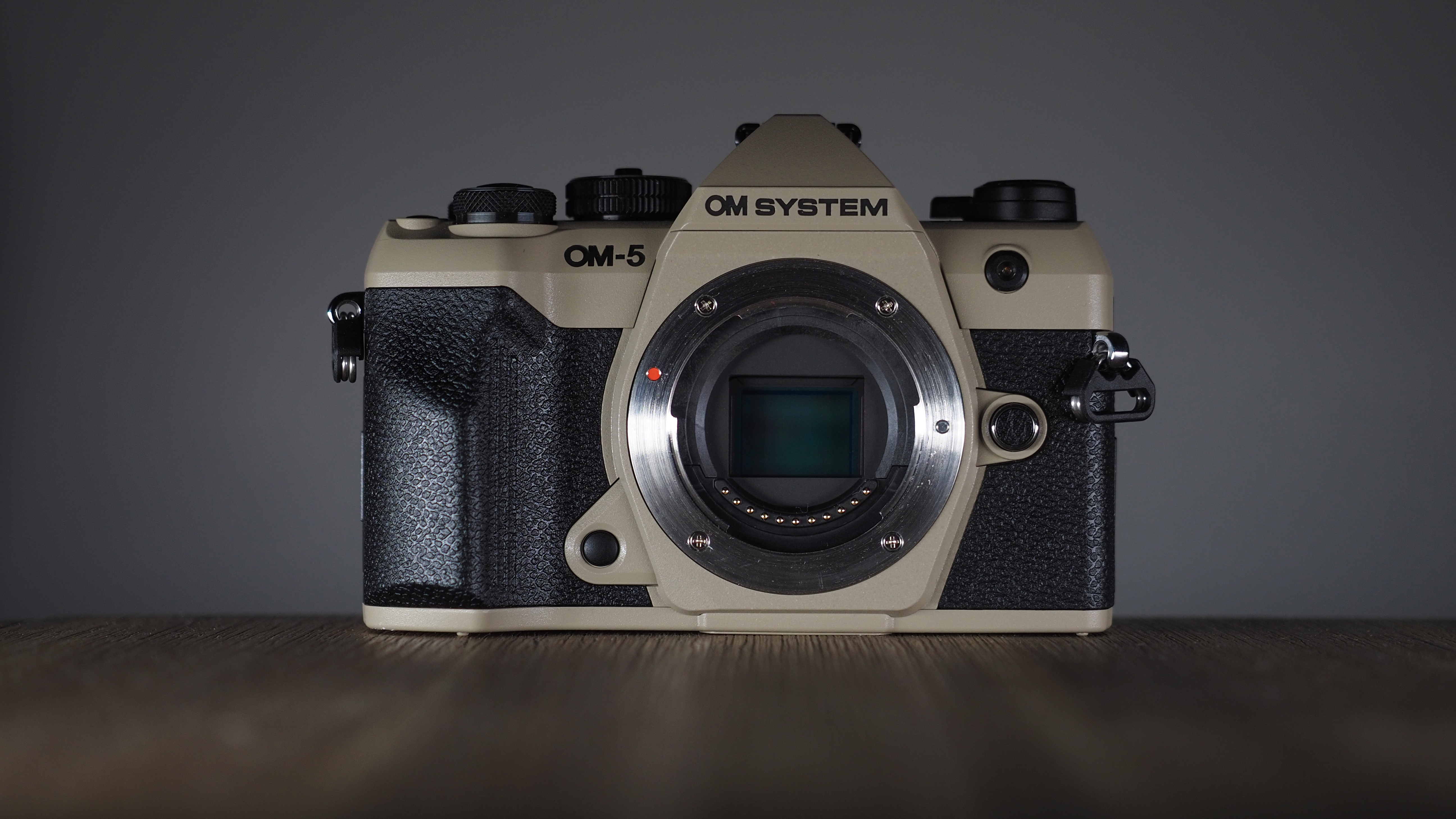 OM System OM-5 Mark II on a wooden surface with an Olympus M.Zuiko 12-45mm lens