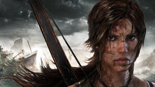 Lara Croft, Tomb Raider's hero, staring out at the viewer with a wrecked ship on a coast depicted in the background