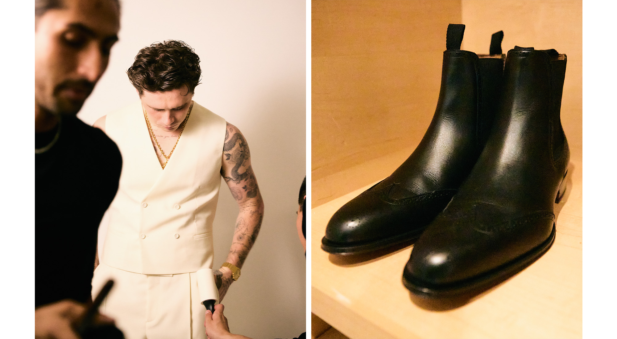 Left: Brooklyn Peltz Beckham wearing Dior vest and trousers; Right: Dior black Chelsea boots.