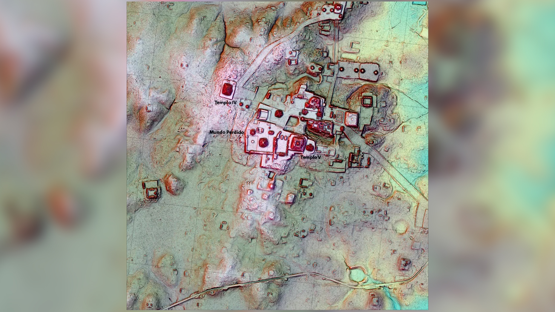 Lidar data over a map of the Maya city of Tikal reveals an unexcavated structure, the hook-shaped object below the Mundo Perdido, that bears an eerie resemblance to a pyramid hundreds of miles away.