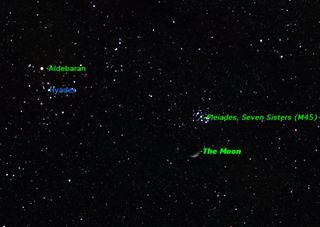 The crescent moon pays a visit to the Pleiades star cluster in the western sky at 10 p.m. EST on Thursday evening, March 10, 2011. Another star cluster, the Hyades, is nearby