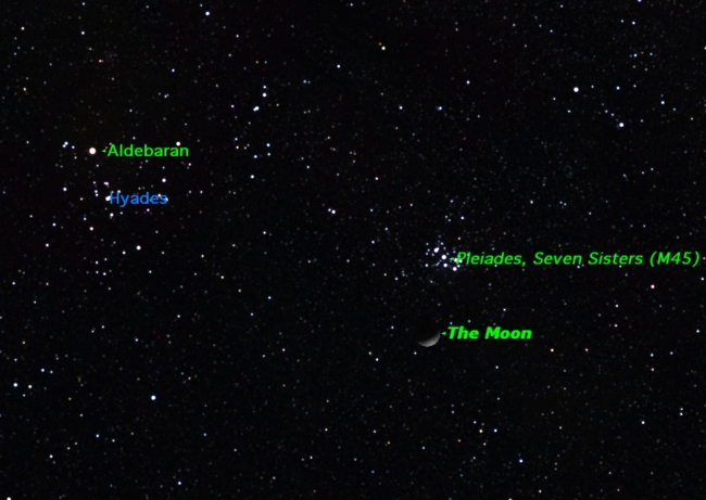 The crescent moon pays a visit to the Pleiades star cluster in the western sky at 10 p.m. EST on Thursday evening, March 10, 2011. Another star cluster, the Hyades, is nearby