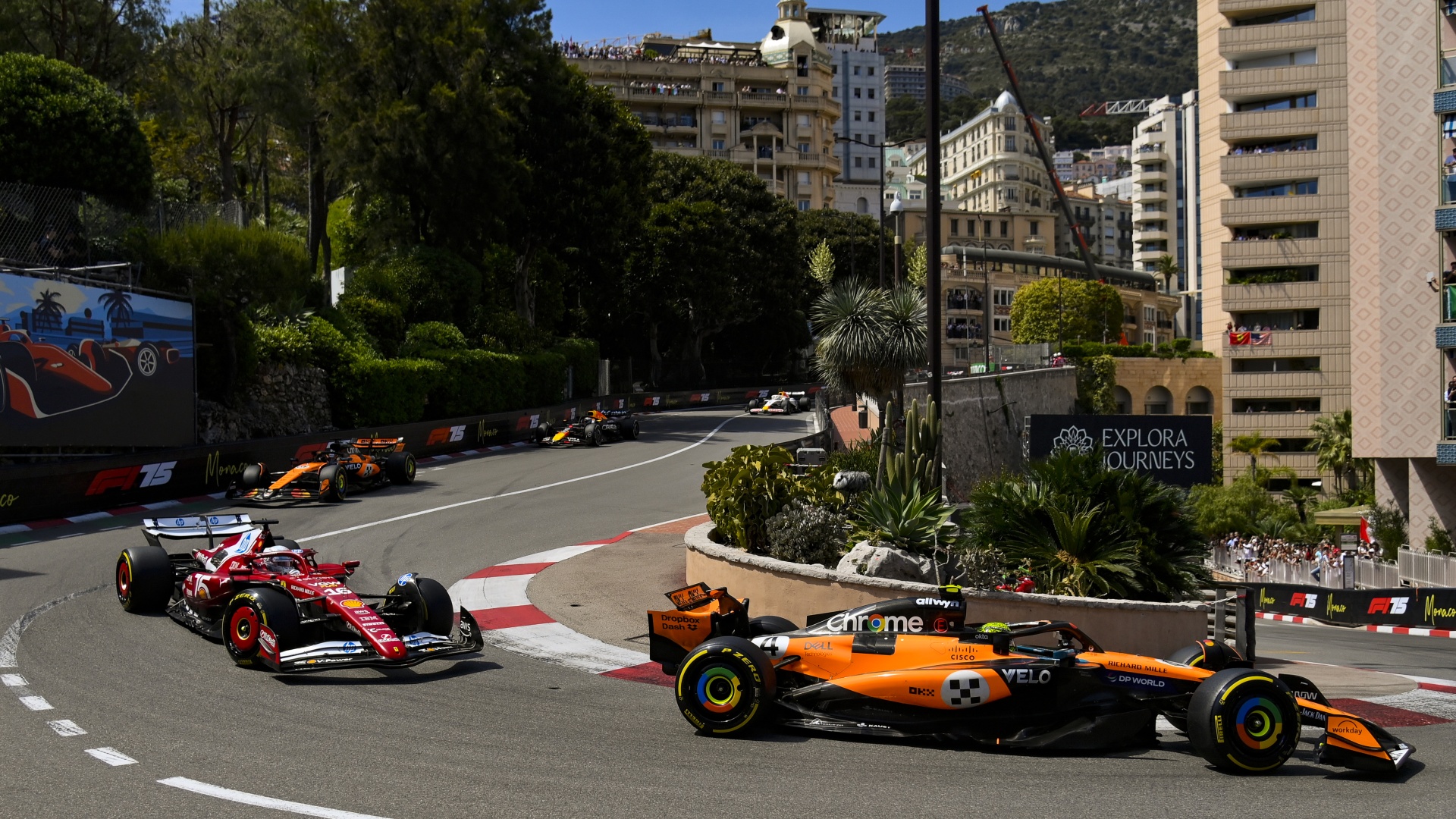 McLaren's Oscar Piastri leading a procession of F1 cars at the Monaco Grand Prix