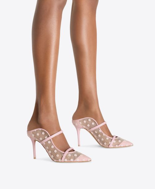 Maureen 85 Pink Floral Mesh Heeled Mules